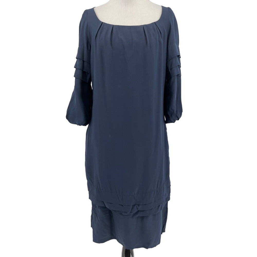 Thakoon Women's Navy Blue Silk 3/4 Sleeve Ruffle Shift Dress Size 2